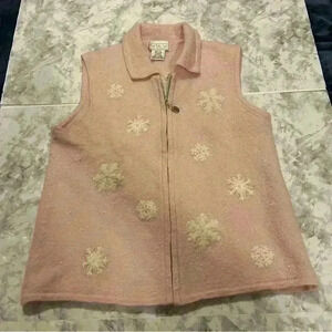 Vintage Mandal Bay 100% Wool Pastel Pink Winter Snowflake Pearl Zip Vest Size L
